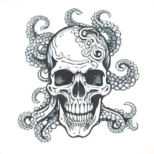 skull with octopus tentacles coming out of the jaw tattoo design idea