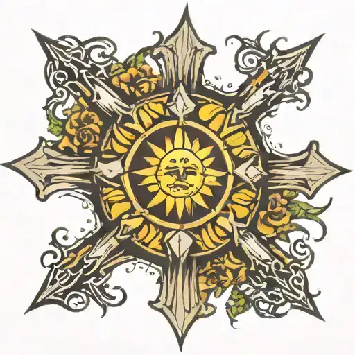 Cross with a sun and a thorn crown tattoo design idea