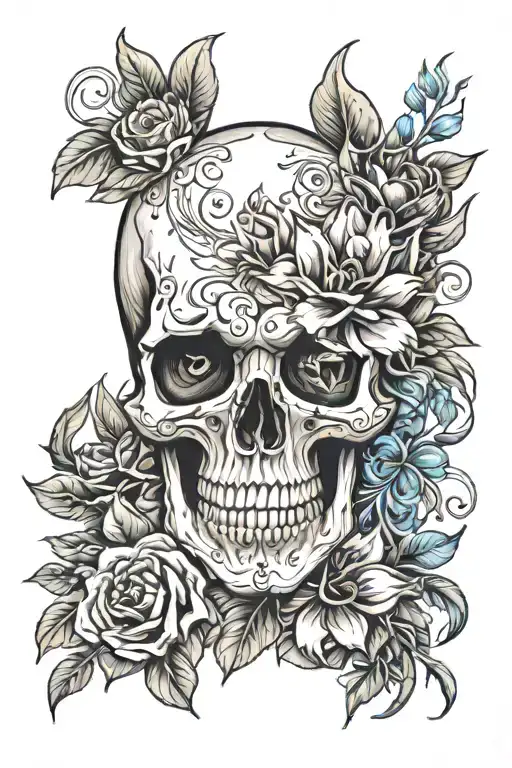 jawless skull, with flower bouquet, and flaming heart eyes tattoo design idea