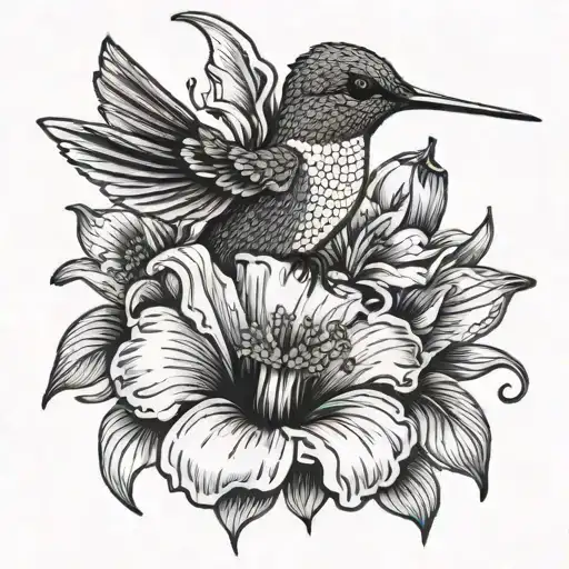 hummingbird wearing a hat on a poppy flower with lilies  tattoo design idea