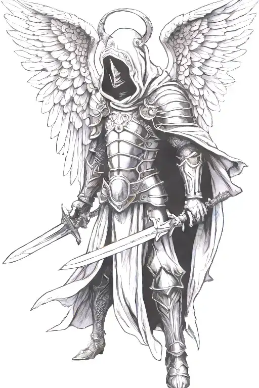 Hooded angel with a sword wearing biblical armor with wings spread facing forward  tattoo design idea