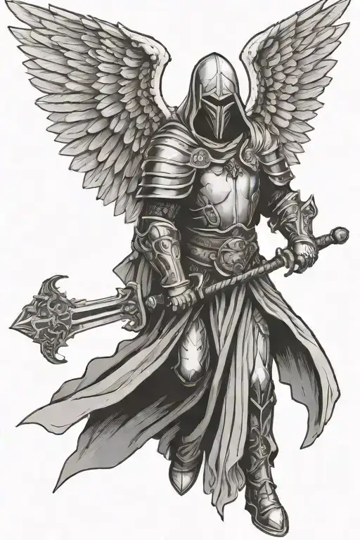 Hooded angel with a sword wearing biblical armor with wings spread  tattoo design idea