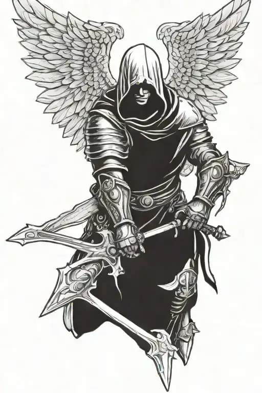 Hooded angel with a sword wearing biblical armor with wings spread  tattoo design idea