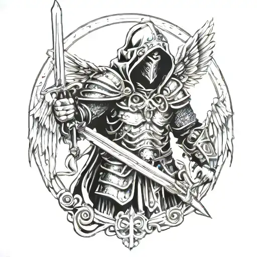 Hooded angel with a sword wearing biblical armor with wings spread  tattoo design idea