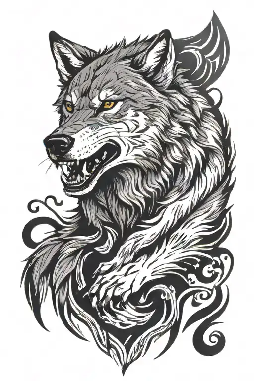 wolf snarling, tail around elbow going down arm tattoo design idea