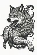 wolf snarling, tail around elbow going down arm tattoo design idea