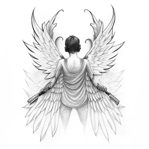 arc angel michael protecting family with his wings tattoo design idea