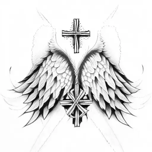 A angel wing wrapped around family only one wing wrapped around 3 crosses attached  by circles tattoo design idea