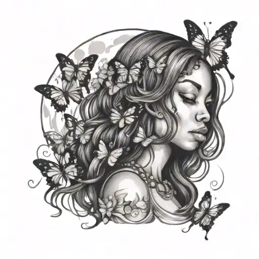 black girl  with long hair with butterflies looking up to the moon  tattoo design idea