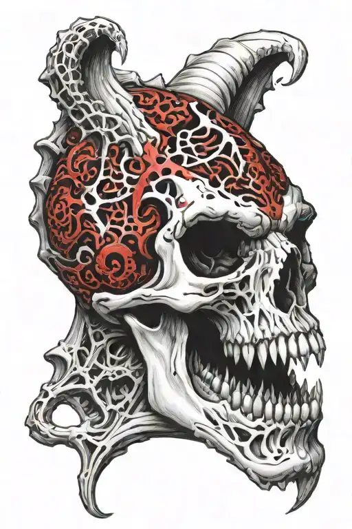bone skull of an open dragon's mouth in red and black tattoo design idea