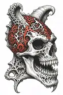 bone skull of an open dragon's mouth in red and black tattoo design idea