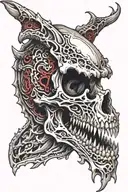 bone skull of an open dragon's mouth in red and black tattoo design idea