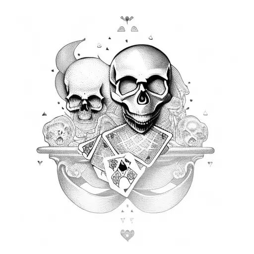 skull with playing cards, doves and a woman holding a cross tattoo design idea