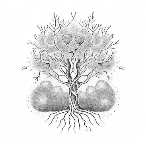 A mesmerizing dotwork tattoo of a tree with roots spelling out the word 'family', symbolizing the client's deep connection to their loved ones and their introverted nature. tattoo design idea