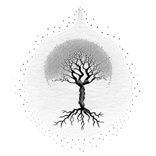 A mesmerizing dotwork tattoo of a tree with roots spelling out the word 'family', symbolizing the client's deep connection to their loved ones and their introverted nature. tattoo design idea