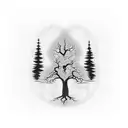 A mesmerizing dotwork tattoo of a tree with roots spelling out the word 'family', symbolizing the client's deep connection to their loved ones and their introverted nature. tattoo design idea