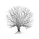 A mesmerizing dotwork tattoo of a tree with roots spelling out the word 'family', symbolizing the client's deep connection to their loved ones and their introverted nature. tattoo design idea