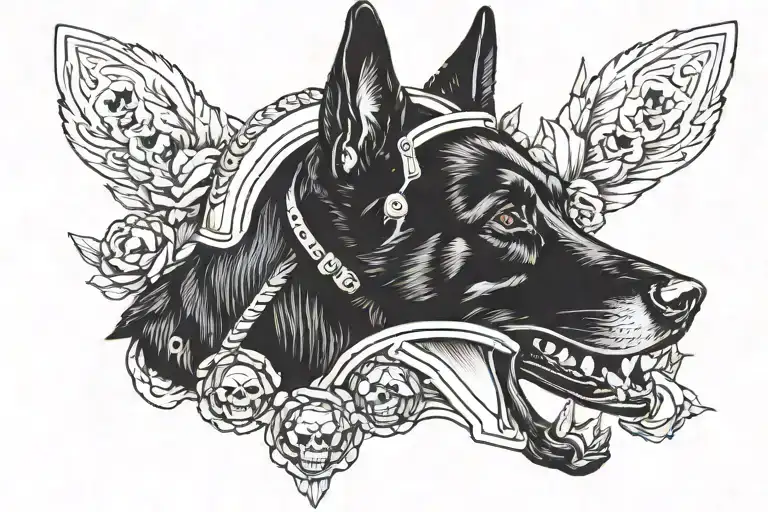 black german shepherd dog with a human skull as a helmet tattoo design idea