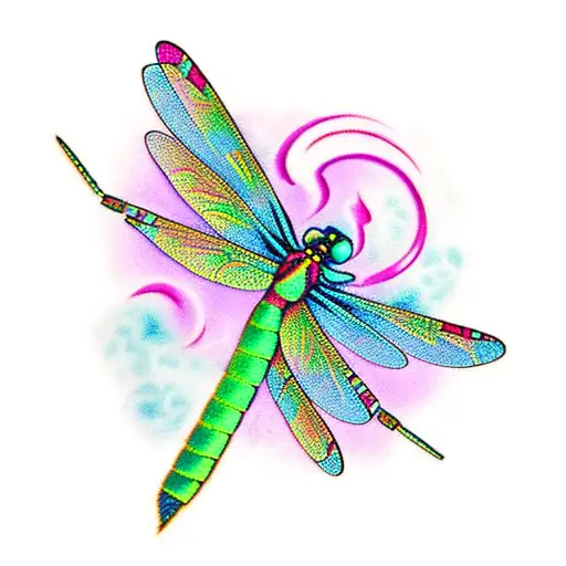 Dragonfly with checkered flags behind it and pink and teal cancer ribbons on  tattoo design idea