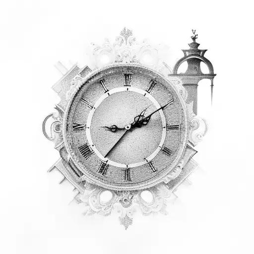 Roman numeral clock melts into a staircase surrounded by filigree tattoo design idea