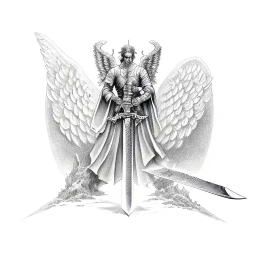 sword with angel wings and devil wings. inscription on sword in Japanese  tattoo design idea