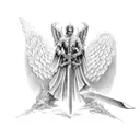 sword with angel wings and devil wings. inscription on sword in Japanese  tattoo design idea