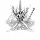 sword with angel wings and devil wings. inscription on sword in Japanese  tattoo design idea