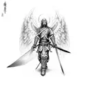 sword with angel wings and devil wings. inscription on sword in Japanese  tattoo design idea
