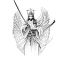 sword with angel wings and devil wings. inscription on sword in Japanese  tattoo design idea