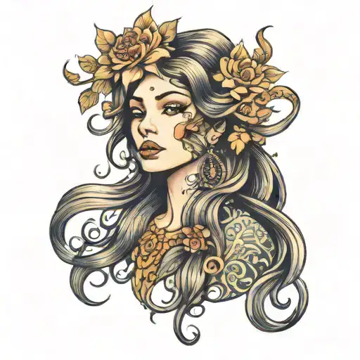 water lady head with long tattoo design idea