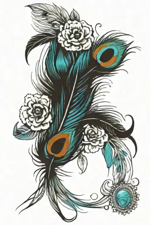 peacock feather and Indian paintbrush flowers bundle held together w oval turquoise concho. bright colors tattoo design idea