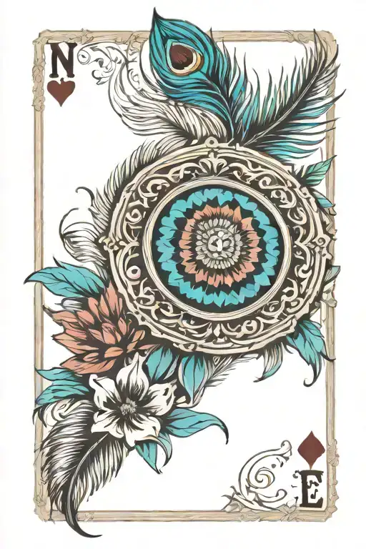 peacock feather and Indian paintbrush flower bundle held together w oval turquoise concho. playing card tucked in bundle tattoo design idea