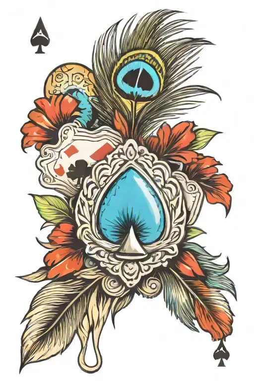 peacock feather Indian paint brush bundle held together with a turquoise concho, w an ace of spades playing card  tattoo design idea