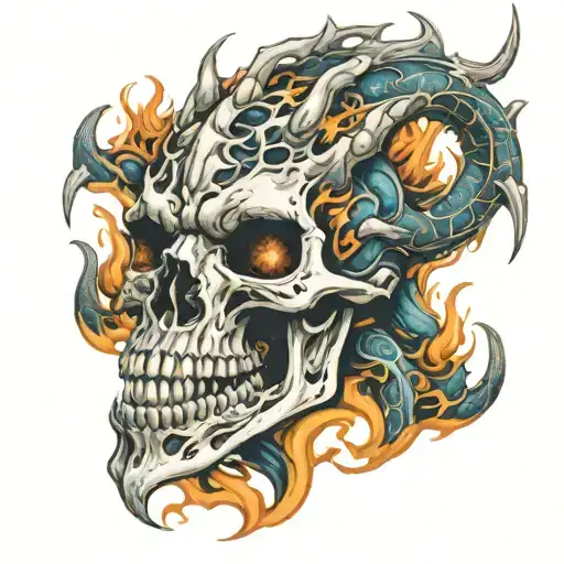 dragon skull flames tattoo design idea