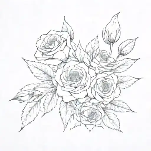 fine line bouquet of roses, paperwhite, and daffodil tattoo design idea