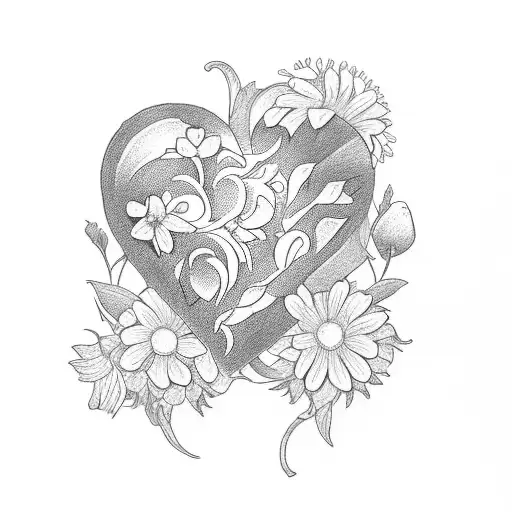 heart with flowers there is aster and morning glory and text Where there written familie tattoo design idea