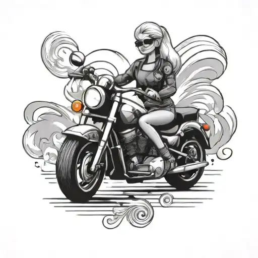 Cashier Barbie doll riding a motorcycle in black-grey style tattoo design idea