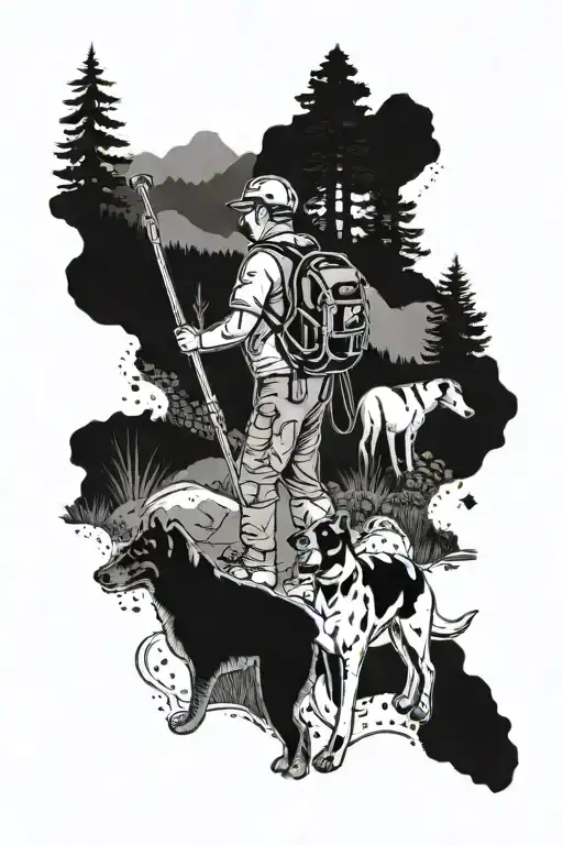 A dotwork tattoo of a veterinary technician assisting a dog in rehabilitation therapy with a background of hiking trails tattoo design idea