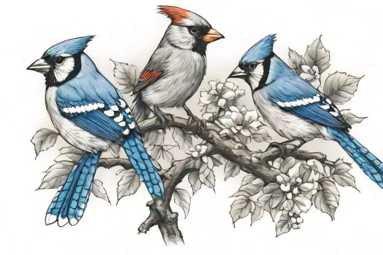 cardinal and blue jay perched tattoo design idea