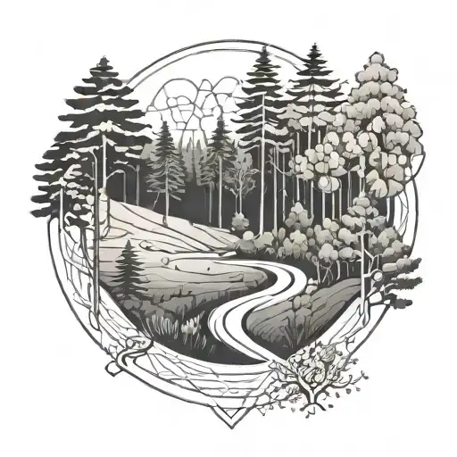 A serene nature scene with a hidden running track winding through the woods tattoo design idea