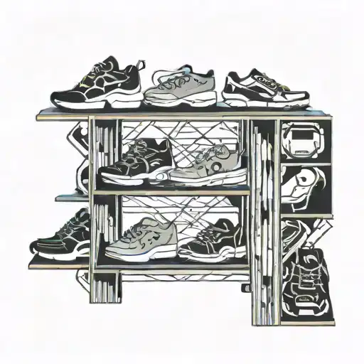 A bookshelf filled with running shoes and game controllers tattoo design idea