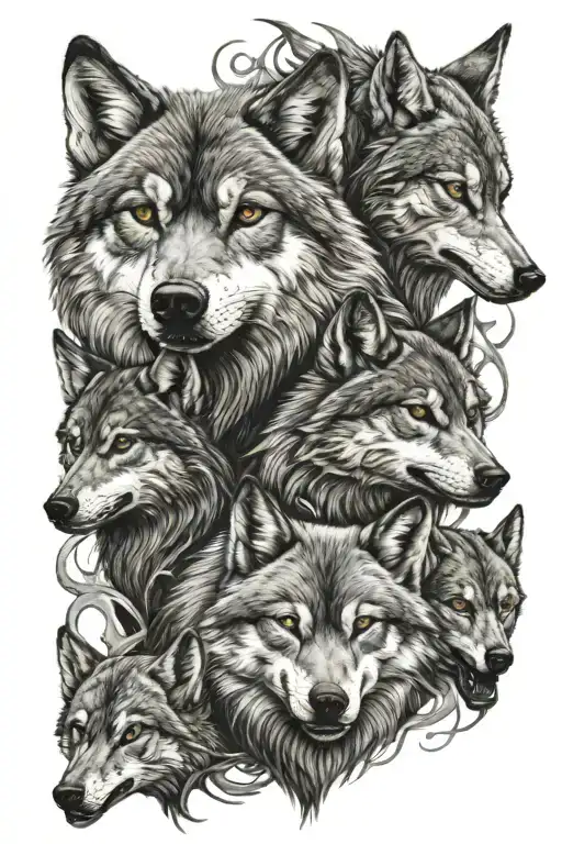 Pack of wolfs with demonic eyes and the midyard worm  tattoo design idea