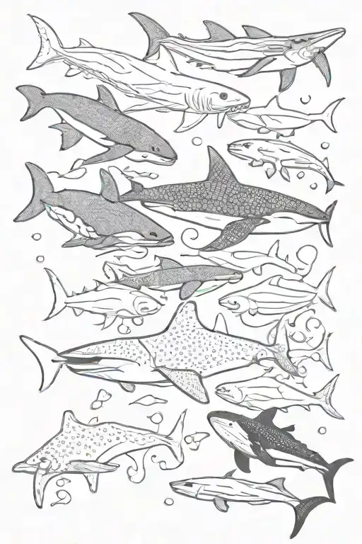 sea otter, Starfish, Hammerhead Shark, Manta Ray, Whale Shark, killer whale, octopus swimming around tattoo design idea