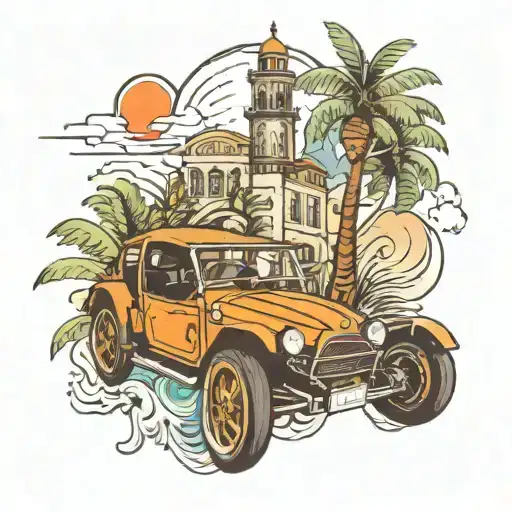 tattoo that has music monuments of Italy the word family Casa de Campo of Dominican Republic palm tree cars motocross fe tattoo design idea