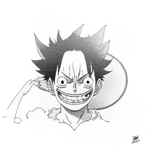 A detailed portrait of Luffy with candlestick chart patterns as his background tattoo design idea