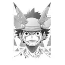 A detailed portrait of Luffy with candlestick chart patterns as his background tattoo design idea