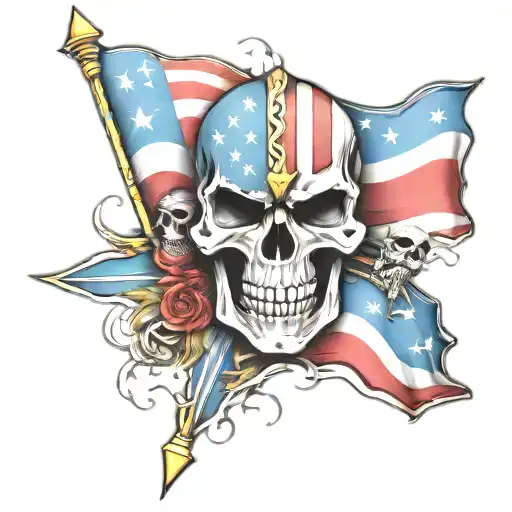 patriotic American flag with skulls and spartan black and white tattoo design idea