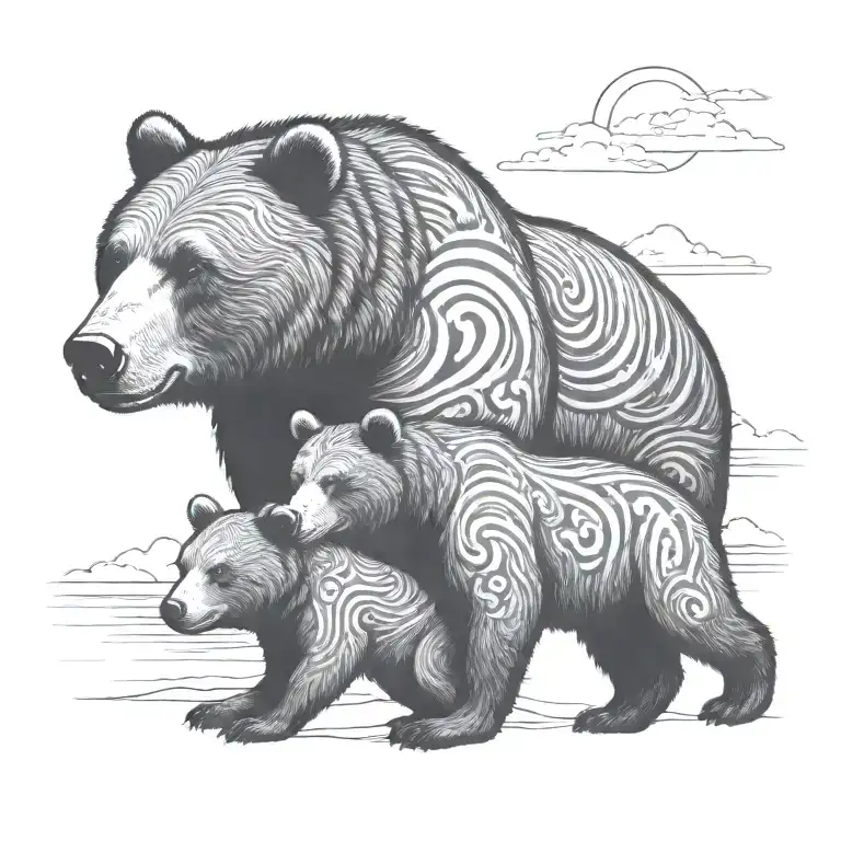 Dad bear son bear daughter bear beach scene tattoo design idea