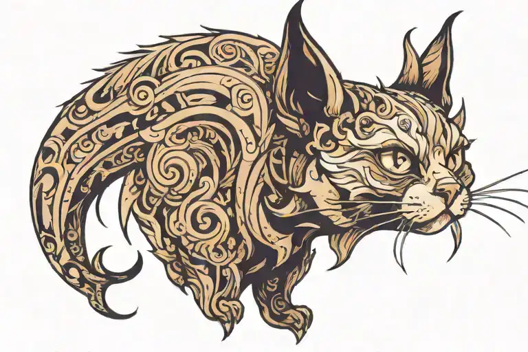 A cat face with large ears that looks like goat horns tattoo design idea