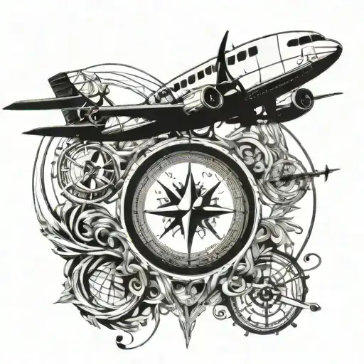 A compass intertwined with musical notes, with an airplane flying above it tattoo design idea